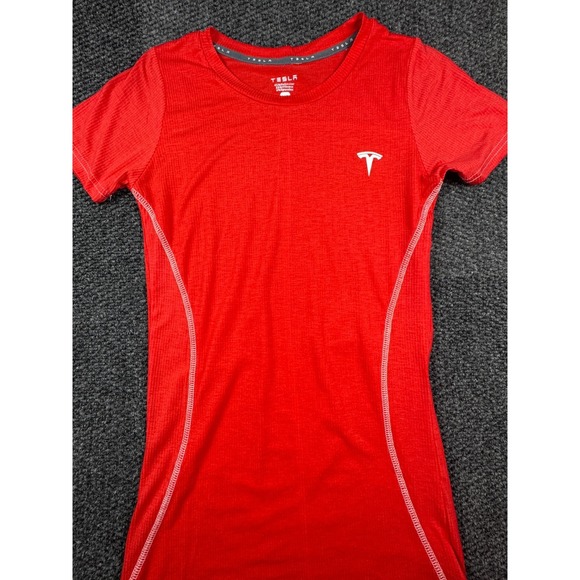 Tesla Womens Red Short Sleeve Logo Stretch Performance Fitted T-Shirt Size XS - Picture 3 of 7
